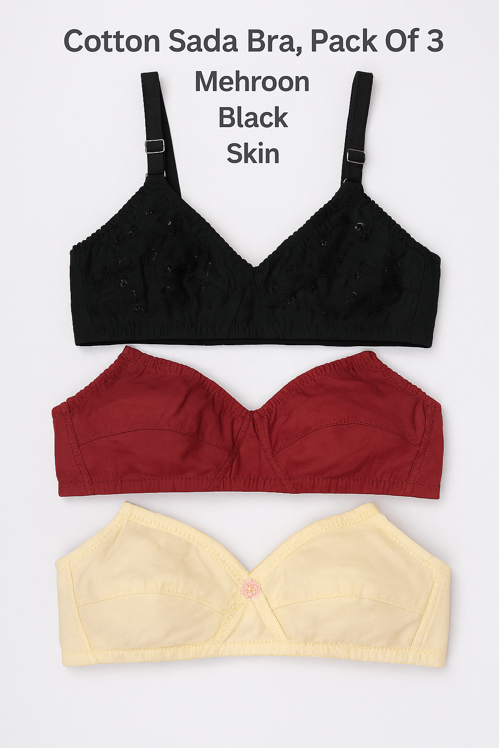 Pack of 3 Cotton Sada Bra  – Mehroon, Black & Skin Color